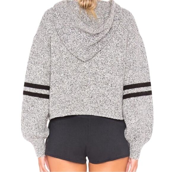 ONZIE Gray Black Varsity Striped Blouson Sleeve Chunky Knit Hoodie Sweater OS - Picture 11 of 14